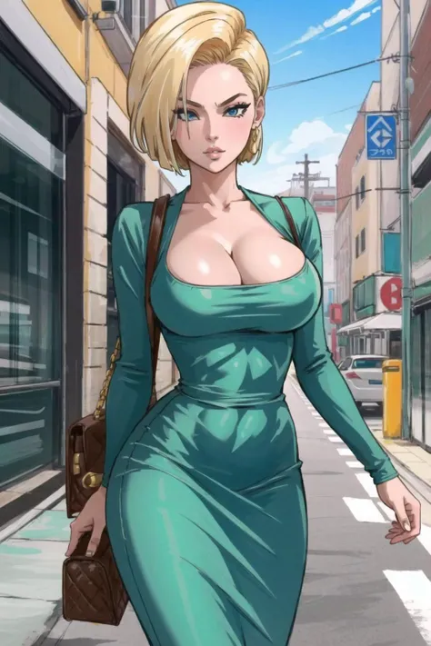 android 18, dongtan dress, cleavage, large breasts, <lora:android_18:0.8> <lora:dongtan_dress:1>