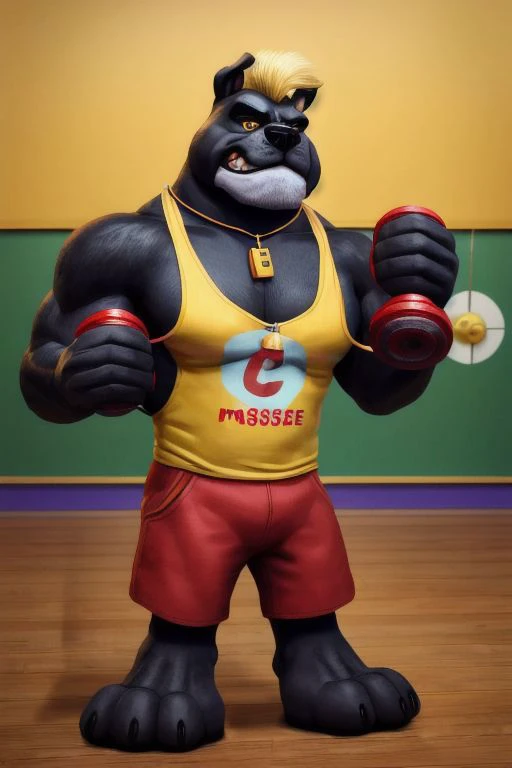 Barefoot furry character, full body, solo, furry male, vivid colors, cinematic.
Strict brawny bulldog coach with dark brown and black fur wearing a whistle around his neck and a red sweatband on his forehead. This bulldog represents the evil embodiment of ...