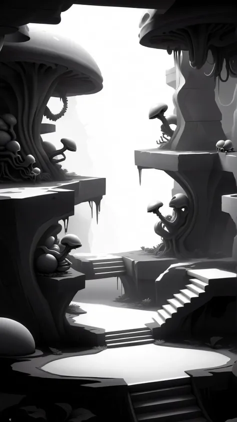 <lora:WhiteboxStyleXL:1>WhiteboxStyle Underground Alien Hive: Organic walls, dripping slime, pulsating eggs, shadowy tunnels, insectoid creatures. monochrome, ambient occlusion, <lora:WhiteboxStyle:0.8> WhiteboxStyle, spiral staircase, (Masterpiece:1.3) (b...