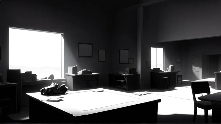 <lora:WhiteboxStyleXL:1>WhiteboxStyle Classic Detectives Office: Clue gathering, suspect interrogations, typewriter challenges, vintage car chases, hidden evidence. monochrome, ambient occlusion, <lora:WhiteboxStyle:0.8> WhiteboxStyle, Australian Outback A...