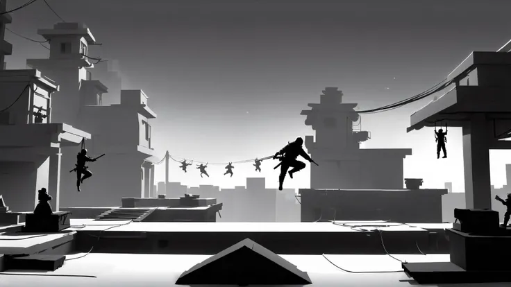 <lora:WhiteboxStyleXL:1>WhiteboxStyle magic academy monochrome, ambient occlusion, <lora:WhiteboxStyle:0.8> WhiteboxStyle, Rooftop Ninja Training Ground: Grappling hooks, swinging ropes, wooden dummies, starlit night, urban silhouette., (Masterpiece:1.3) (...