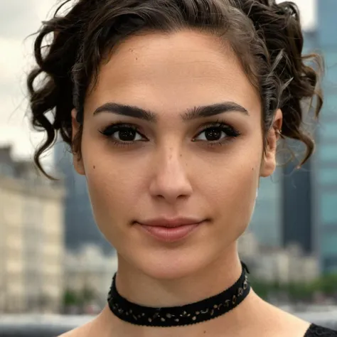 (Skin Texture, pores, natural,iPhone,RAW)), natural lighting,Highest Quality (Closeup) portrait photo of a woman with curly dark hair and glossy lips,black thin choker, Nikon Z9, realistic matte skin,  blurry city in the background, 8K, symmetric,   <lora:...