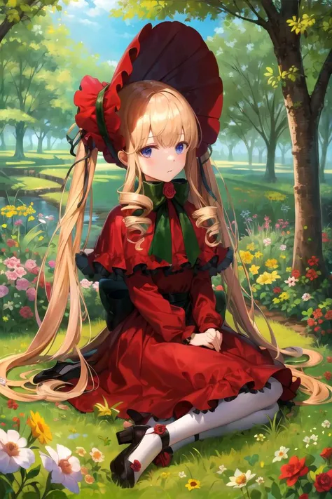 a girl in a red dress sitting on the ground in a garden