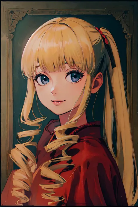 anime girl with blonde hair and blue eyes in a red dress