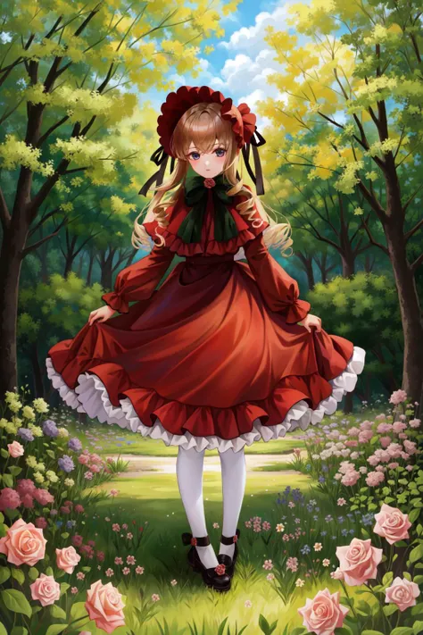 a girl in a red dress standing in a garden with roses