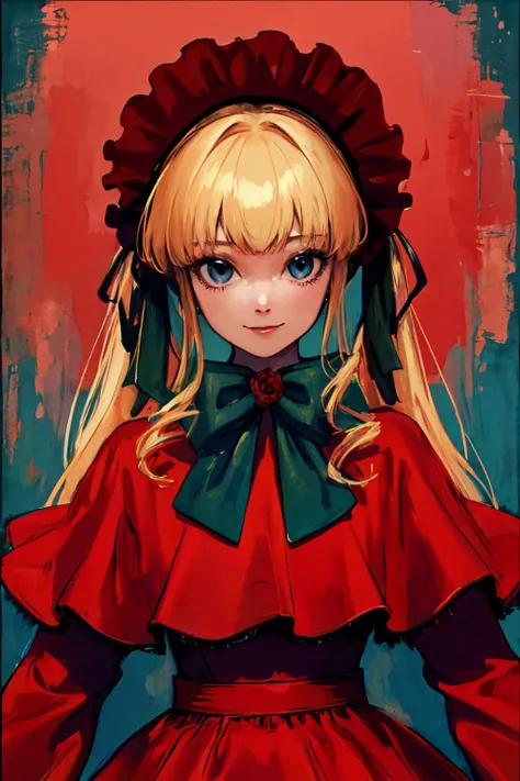 a painting of a girl in a red dress with a bow