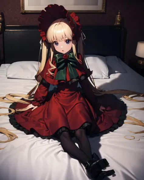 anime - style girl in red dress sitting on bed with white sheets