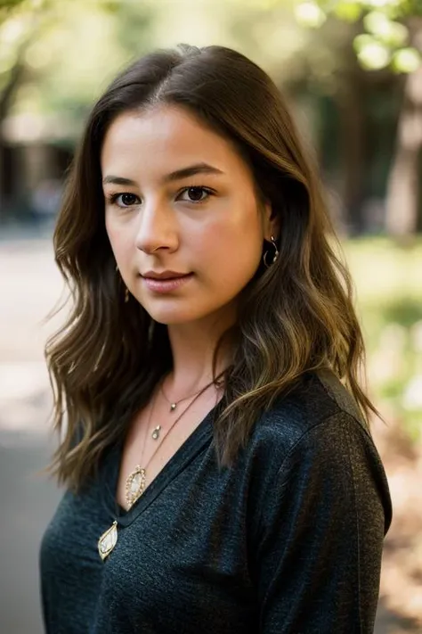 Realistic photo of a beautiful 3m1lyvc woman, 1girl, solo, long hair, breasts, blonde hair, shirt, brown eyes, jewelry, upper body, outdoors, necklace, blurry, lips, looking to the side, blurry background, realistic, soft lighting, professional Photography...