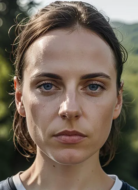 A stunning intricate color close up portrait of (sks woman:1) , wearing sportwear, epic character composition, sharp focus, natural lighting, subsurface scattering, f2, 35mm, film grain, , by Gregory Crewdson, <lora:lora-small-antje-traue-v1:1>