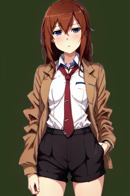 ultra detailed, 1girl, makise kurisu, slim, tall, auburnhair, softcurls, greeneyes, labcoat, redtie, professional, serious, blackshorts, blacksocks, brownloafers, sleek, sophisticated, stylish, <lora:makise kurisu:0.8>,