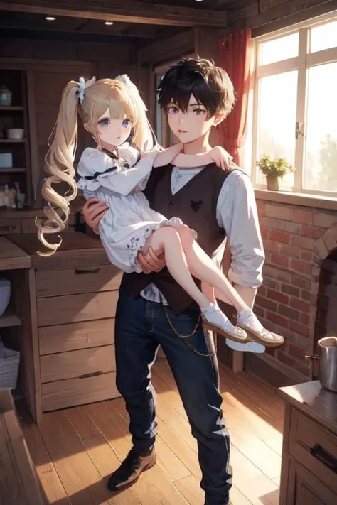 a man holding a little girl in his arms in a kitchen