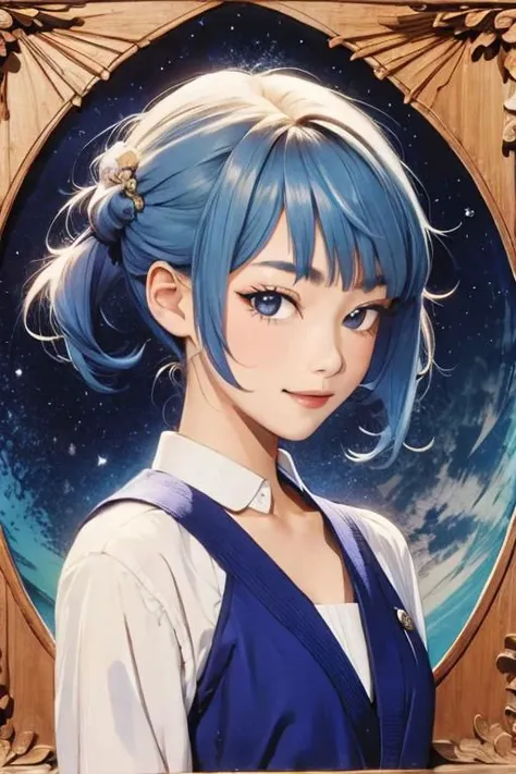 a painting of a woman with blue hair and a blue dress