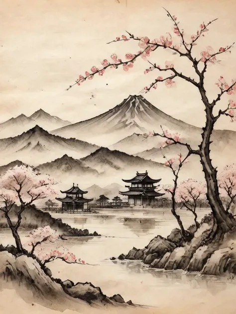 Japanese Ink Drawing on parchment, a japanese landscape with mountains in the background and cherry trees in the foreground, burnt edges<lora:ParchartXL-1.5:1>, ink illustration, inkwash, Japanese Ink Drawing