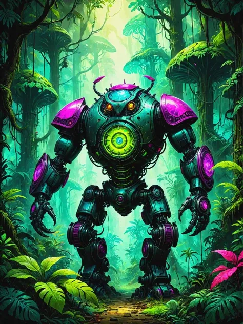 Clockwork colossus with precise mechanical movements in Bioengineered creatures in neon-lit rainforest, ultra-fine digital painting, <lora:xl_more_art-full_v1:0.3>,   <lora:ParchartXL-1.5:0.7> on parchment, ink illustration, <lora:gorgoeus_splash_of_vibran...