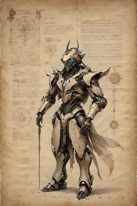 <lora:ParchartXL-2.0:1>,ON PARCHMENT,ink on parchment,
Character Design Sheet,a Celestial judging robot drawn on parchment,detailed text annotation,detailed description of each part of the character,<lora:Celestial Judge Robot XL:0.8>, Celestial judge robo...