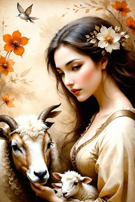 An Anne Bachelier style girl,stunning beauty,painted on parchment,herding sheep,lots of flowers,spring breath,serenity,fantasy style,gorgeous details,intricate details,masterpieces,fine art,Baroque and pastoral blend,<lora:ParchartXL-2.0:1>, ON PARCHMENT,I...