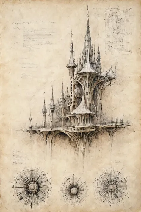 <lora:Desolation:0.8>,<lora:ParchartXL-2.0:0.9>,ON PARCHMENT,INK ON PARCHMENT,
A grand futuristic architectural design,flower,elevations,sections,hand-drawn renderings,detailed annotations,grid lines,by Antoni Gaudi,Sou Fujimoto,