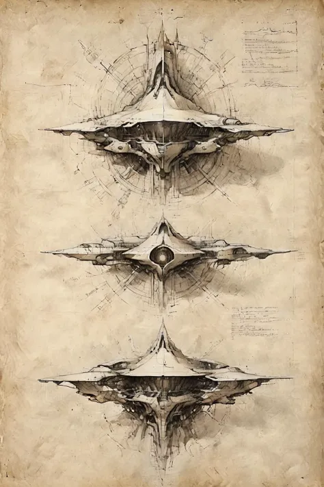 <lora:Desolation:0.8>,A grand futuristic architectural design,elevations,sections,hand-drawn renderings,detailed annotations,grid lines,<lora:ParchartXL-2.0:0.9>,ON PARCHMENT,INK ON PARCHMENT,<lora:Celestial Judge Robot XL>,