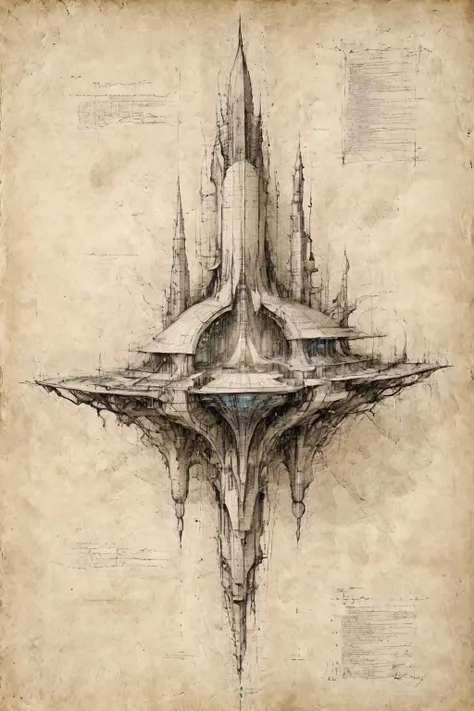 <lora:Desolation:0.8>,<lora:ParchartXL-2.0:0.9>,ON PARCHMENT,INK ON PARCHMENT,
A grand futuristic architectural design,elevations,sections,hand-drawn renderings,detailed annotations,grid lines,