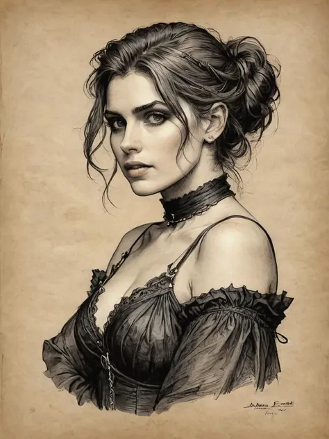 on parchment, ink illustration, amazing lifelike award winning ink illustration of  DV_Maxine_Vicious trending on art station artgerm Charles Reiffel, Eadweard Muybridge cinematic,  <lora:add-detail-xl:1>    <lora:ParchartXL-1.5:1>