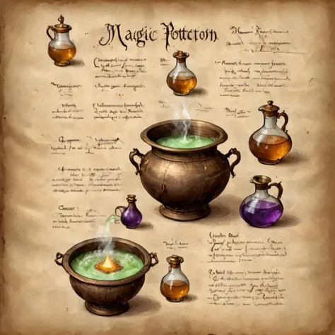 a page of an old book with recipes for a magic potion, a cauldron with a potion is drawn on the page, an old parchment <lora:ParchartXl:1> on parchment