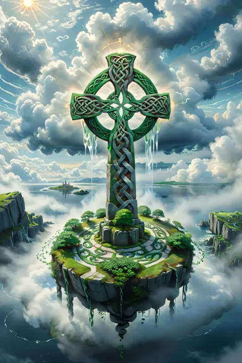 a painting of a celtic cross on a small island in the sky