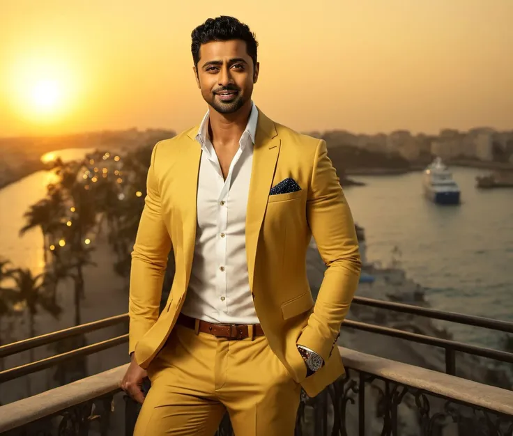 a man in a yellow suit standing on a balcony next to a body of water