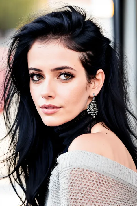 ecae1 piercing eyes, looking straight, very happy,long hair, wearing an off-shoulder sweater, choker, closeup portrait, in a outdoor cafe in 2015, afternoon light