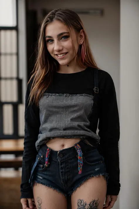 a woman with tattoos on her legs and a black shirt