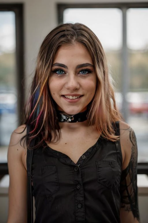 a close up of a woman with a black shirt and a choker