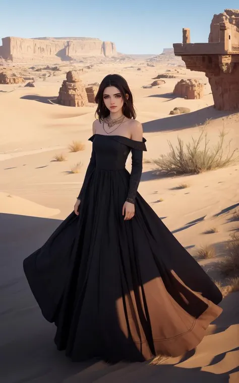 a woman in a black dress standing in the desert