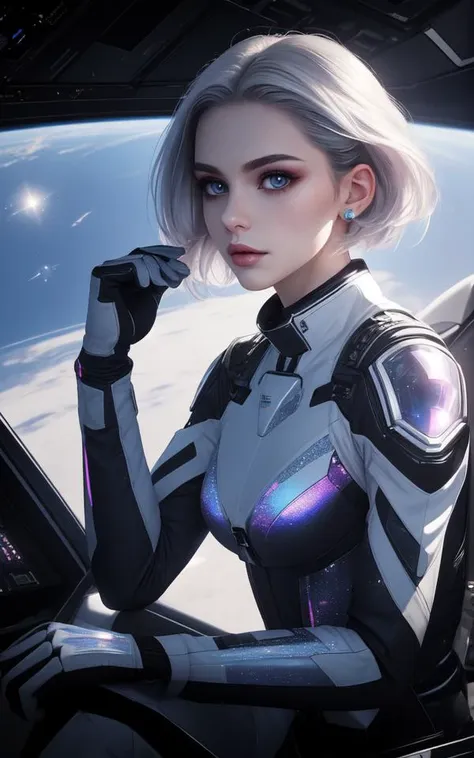 a woman in a futuristic suit sitting in a plane