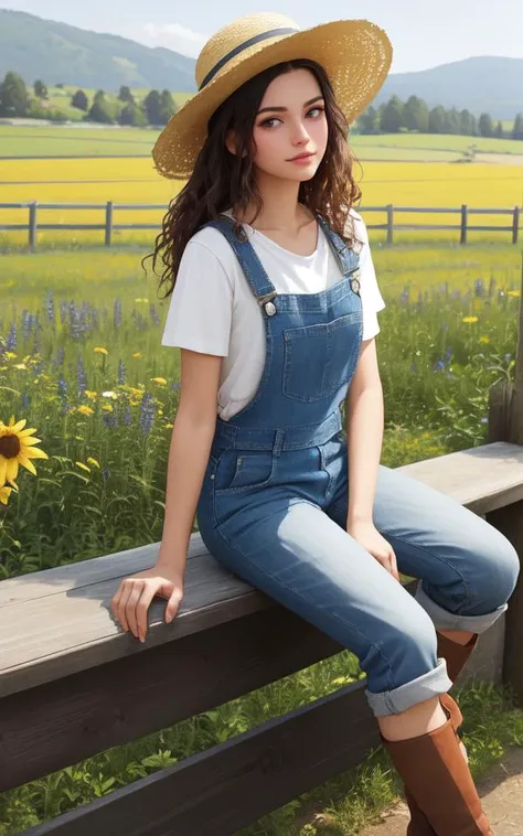 (quaint countryside setting, summer day), young adult woman, rustic casual summer fashion, (sitting on a wooden fence), thoughtful and serene pose, shoulder-length curly hair, light, sun-kissed makeup, (denim overalls over a simple white tshirt), comfortab...