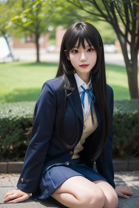 ltra-detailed,highly detailed,best quality,masterpiece,illustration,realistic,photorealistic,
mio akiyama, sakuragaoka high school uniform,
1girl, solo, cosplay,
very long hair, bangs, 
looking at viewer, sitting, wariza, 
outdoors, 
 <lora:mio akiyama_v1_...