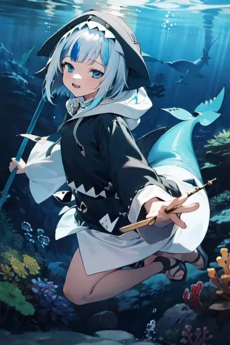 best quality, 4K wallpaper, masterpiece, extremely detailed CG unity 8k wallpaper, extremely detailed eyes, ultra-detailed, 1girl, solo, Gura, multicolored hair, blue eyes,  full black shark hoodie, shark tail, short hair,  holding spear, looking at viewer...