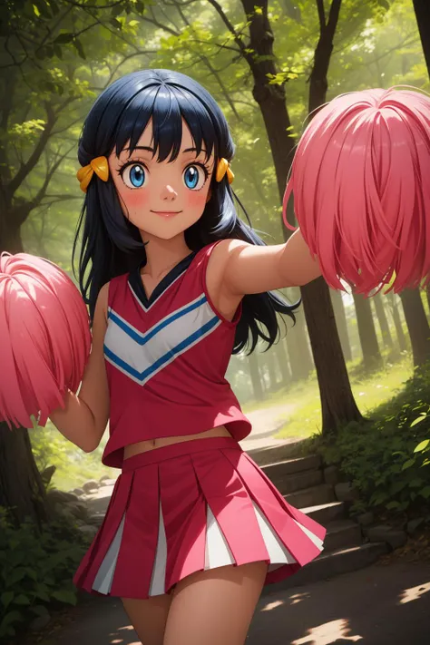 pkmndawn, 1girl, solo, blue eyes, blue hair, long hair, bangs, sidelocks, hair ornament, hairclip,
cheerleader, pink shirt, pink skirt, pleated skirt, sleeveless,
pom pom (cheerleading), holding pom poms, 
smile,closed mouth,cowboy shot, 
forest,outdoor,
(...