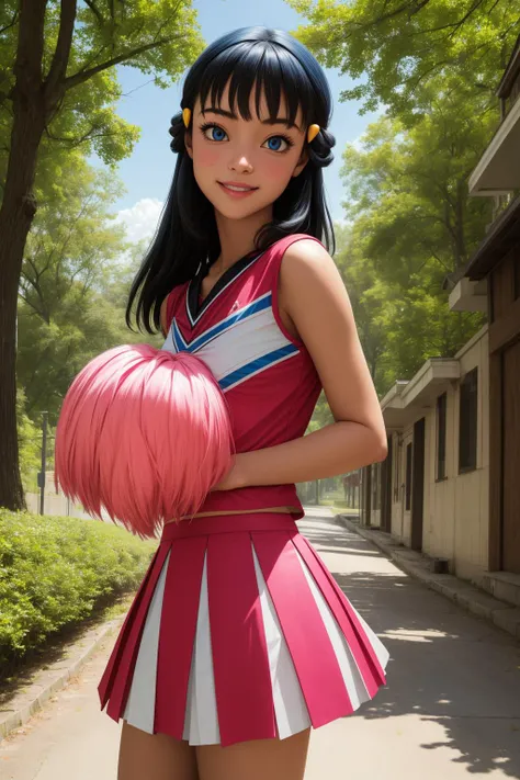 pkmndawn, 1girl, solo, blue eyes, blue hair, long hair, bangs, sidelocks, hair ornament, hairclip,
cheerleader, pink shirt, pink skirt, pleated skirt, sleeveless,
pom pom (cheerleading), holding pom poms, 
smile,closed mouth,cowboy shot, 
forest,outdoor,
(...