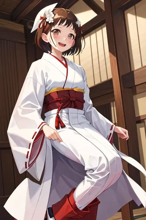 best quality, masterpiece, highres, solo, {white kimono:1.35}, {red hakama:1.35}, {wide sleeves:1.20}, {hazawa_tsugumi_bangdream:1.15}, brown_hair, short_hair, brown_eyes, blush, smile, bangs, open_mouth