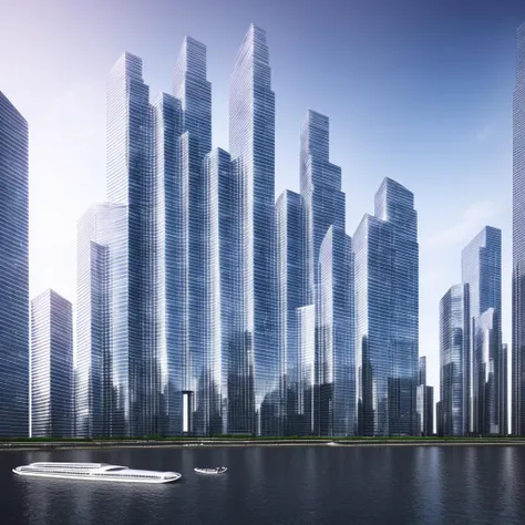 a group of tall buildings in a city with a river in front of them and a boat in the water, cui bai, futuristic, a digital render...