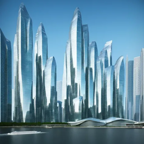 a group of tall buildings in a city with a river in front of them and a boat in the water, cui bai, futuristic, a digital render...