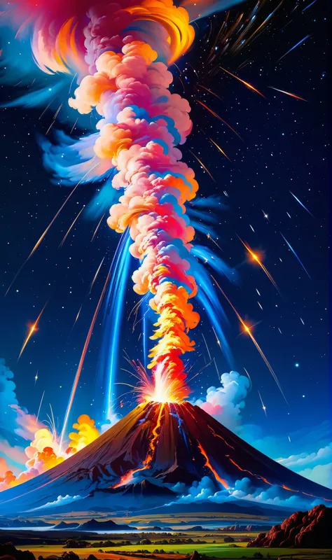 a painting of a volcano with colorful smoke coming out of it