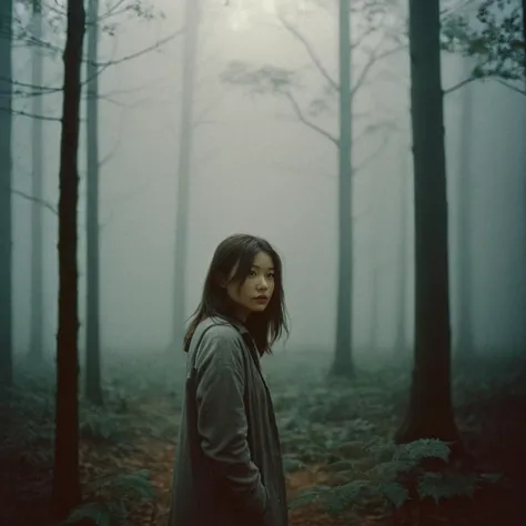 Radiant Darkness, a beautiful woman standing in a dark forest, fog, panasonic 35mm, a still melancholy scenery, disposable film, highres, tyndall effect, haze lighting, reality, polaroid photo <lora:Radiant_Darkness:1>