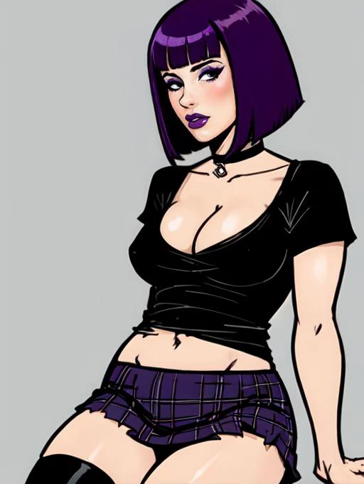 <lora:trianaorpheus-10VB-v8:0.6>,triana,short hair with blunt bangs,black hair with purple highlights,bob cut BREAK
(black shirt:1.1),torn shirt,navel,plunging neckline,low neckline BREAK
purple plaid skirt,torn skirt BREAK
choker BREAK
black thighhighs BR...