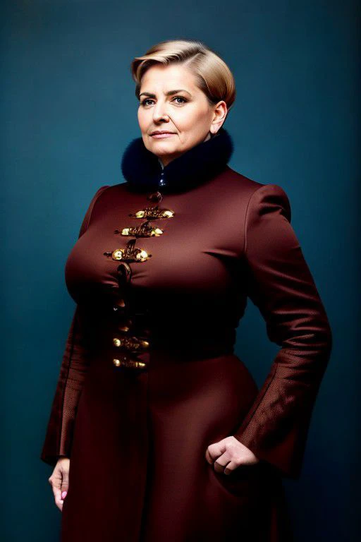 a woman in a brown dress and fur collar posing for a picture