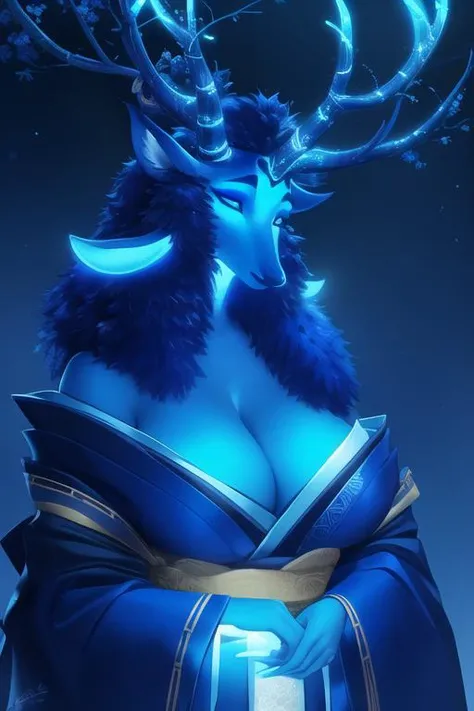 <lora:luna_(zummeng):0.8>, luna (zummeng), masterpiece, best quality, 1girl, horns, breasts, solo, cleavage, large breasts, furry female, furry, antlers, japanese clothes, kimono, blue skin, glowing, blue theme, glowing skin, glowing hair, glowing clothes,...
