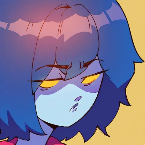 a close up of a cartoon girl with blue hair and yellow eyes