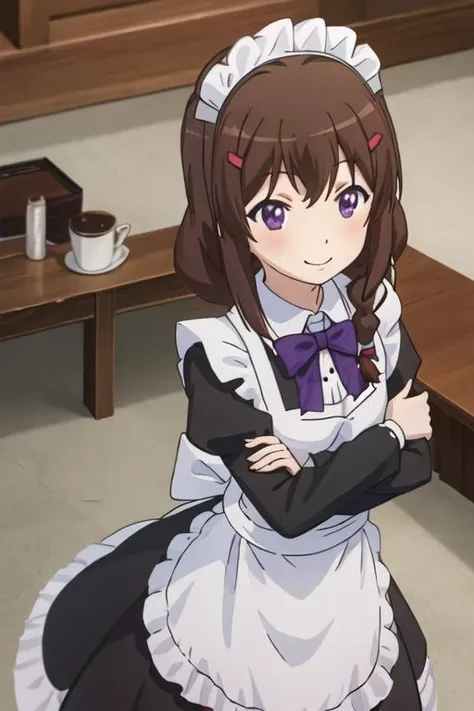 best quality, masterpiece, highres, solo, {maid:1.40}, {long maid dress:1.15}, {fujimiya_konomi_nonnonbiyori:1.15}, brown_hair, hair_ornament, hairclip, long_hair, purple_eyes, braid, smile, blush