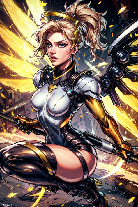 dark art, thick outlines, comics, photorealistic, perfect hands, masterpiece:1.2, futuristic city, 1 girl,<lora:mercy:0.6>, mercy, high ponytail, hair tie, holding staff, yellow wings, glowing wings, mechanical halo, bodysuit, long sleeves, gloves, loinclo...