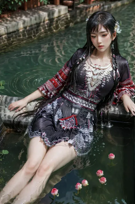 black hair,1girl,petals,long hair,water,solo,partially submerged,flower,traditional media,high quality,<lora:Hmong_costume_Red_XL_V2:1>,