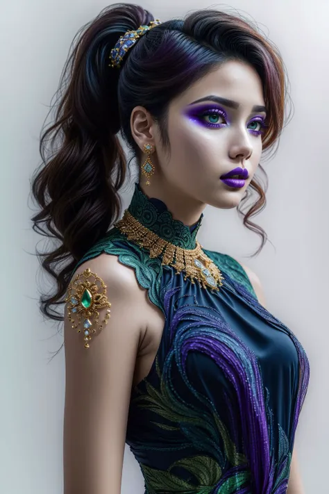 (color scheme blue, purple, green), (1girl, wearing maxi dress, jewelry, makeup, painted lips), brunette ponytail, white backgro...